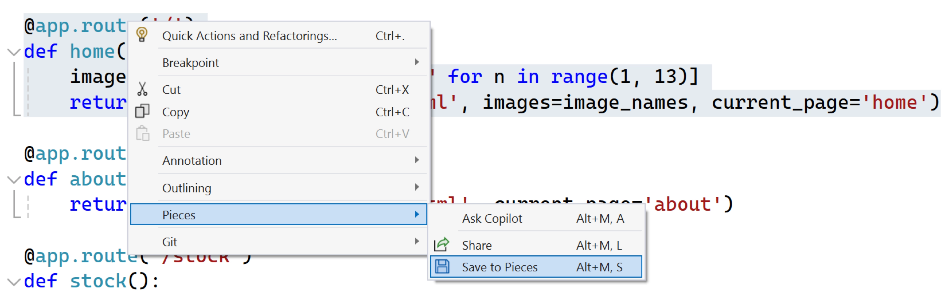 A screenshot of visual studio with a Python function selected and the Pieces context menu showing